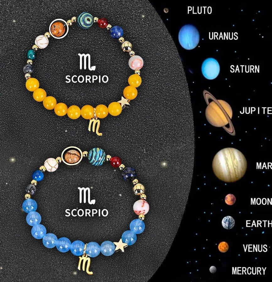 Natural stone beaded zodiac bracelet set showing adjustable elastic cord and twelve astrology sign designs