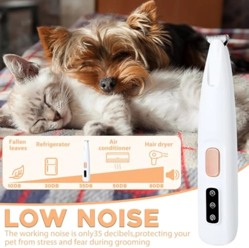 White electric dog paw trimmer with LED light, measuring 17.7 cm with low noise operation