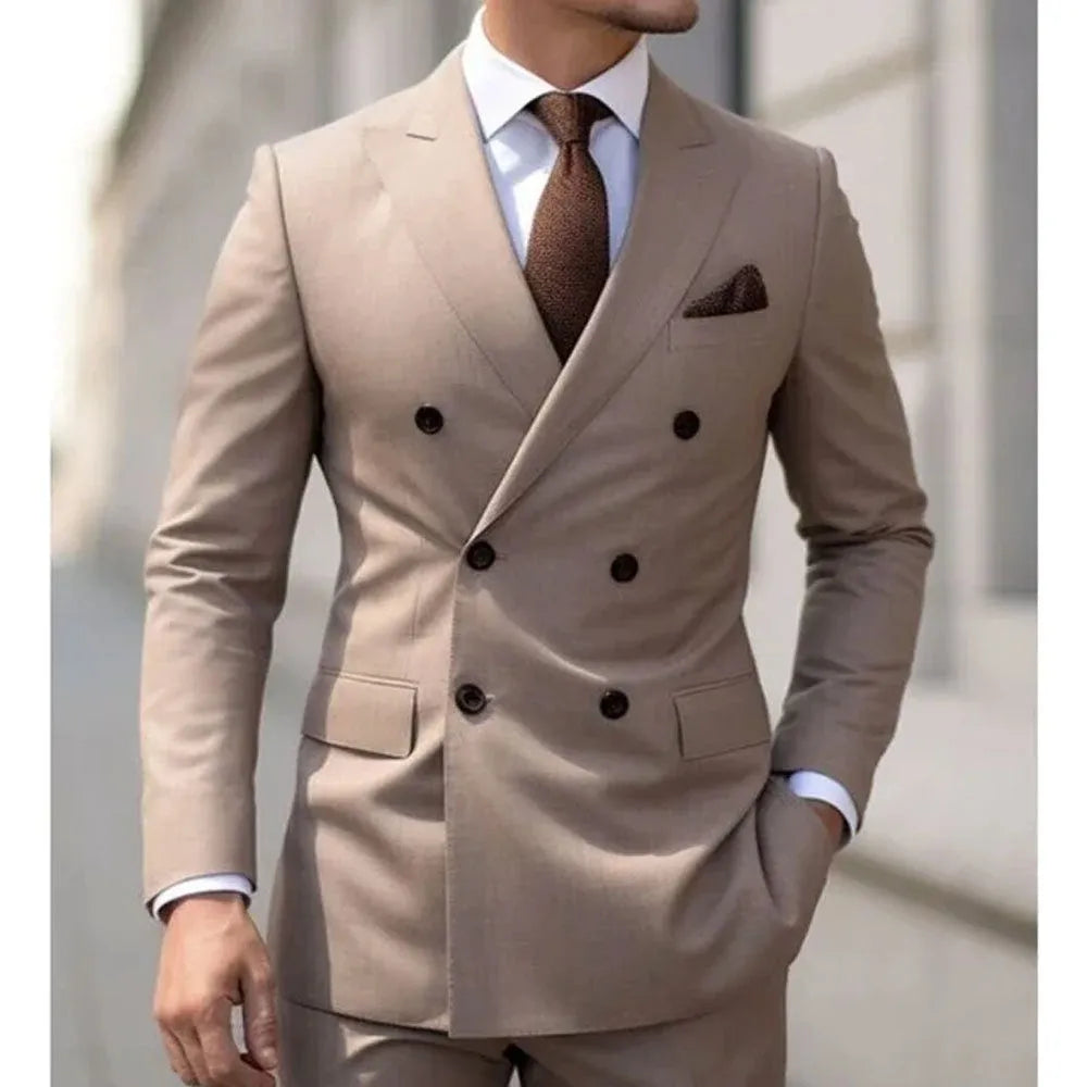 Man modelling a slim fit grey two-piece Korean style business suit.