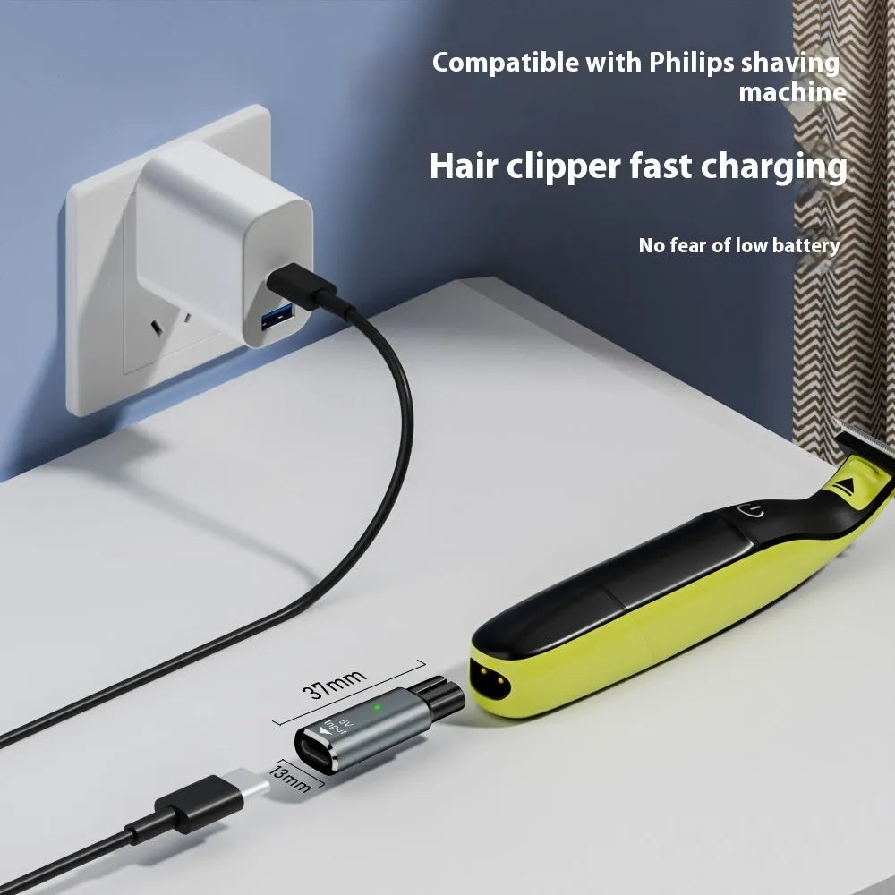Black USB-C charging adapter for electric shavers with aluminium alloy construction and 4.3V output