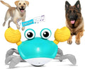 Blue or red electronic crab dog toy with obstacle avoidance sensors, shown moving sideways.