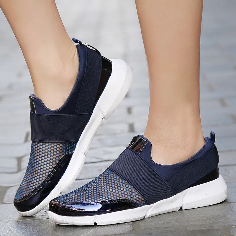 Breathable mesh women's casual sneakers in blue, black or grey with low-top design.