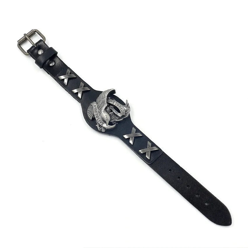 Black geometric leather bracelet with alloy eagle clasp showing width variation
