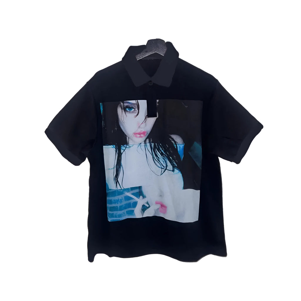 Short-sleeved polo t-shirt with a printed pattern in a choice of colours on a mannequin.