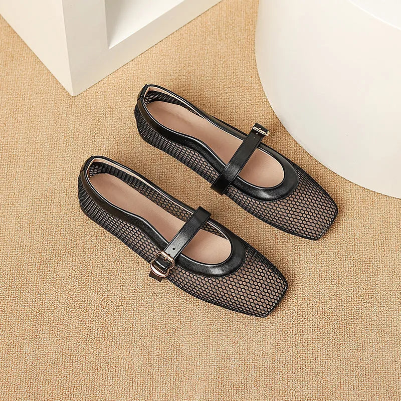 Women's low heel mesh pump in beige with a buckle strap and square toe.