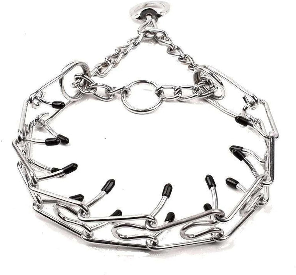 Stainless steel dog training prong collar with comfort rubber tips and adjustable links