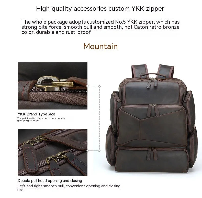 Dark brown genuine leather men's backpack showing 17-inch computer compartment and multiple interior pockets