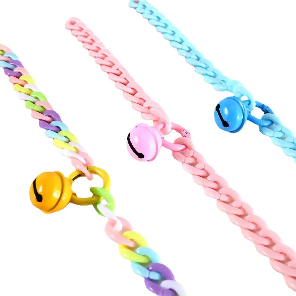 Plastic pet collar in macaron candy colours showing chain blue, pink, and mixed colour options for cats, dogs, and rabbits