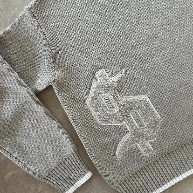 Grey loose-fitting jacquard knitwear coat with long sleeves for autumn and winter