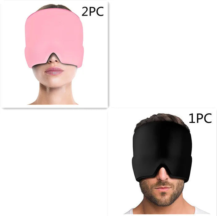 Black elastic cloth gel cooling eye mask for headache relief, shown with adjustable strap.