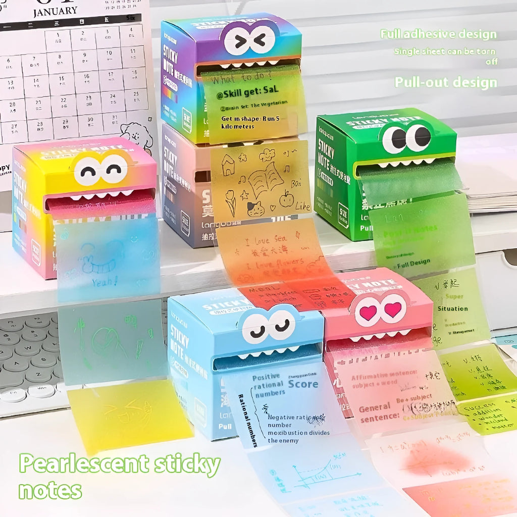 Pearl gradient transparent pull-out sticky notes showing six colour options in boxed packaging