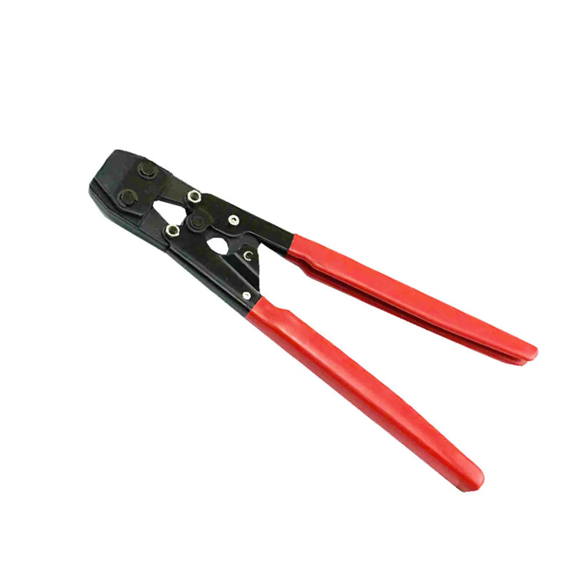 Red cloth finished single ear metal pipe clamp with a carbon steel cutting tool on a white background.