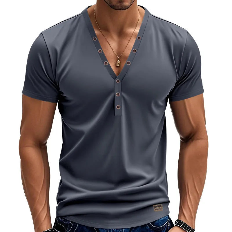 Men's loose solid colour V-neck long sleeve pullover top with button detail.