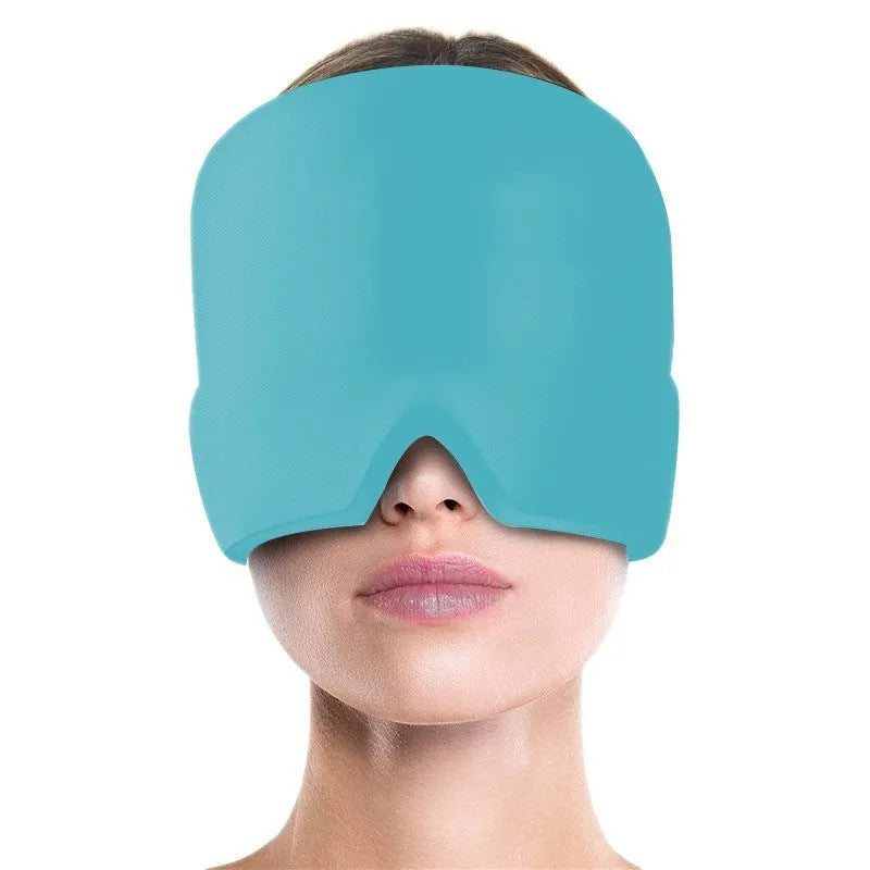 Black elastic cloth gel cooling eye mask for headache relief, shown with adjustable strap.