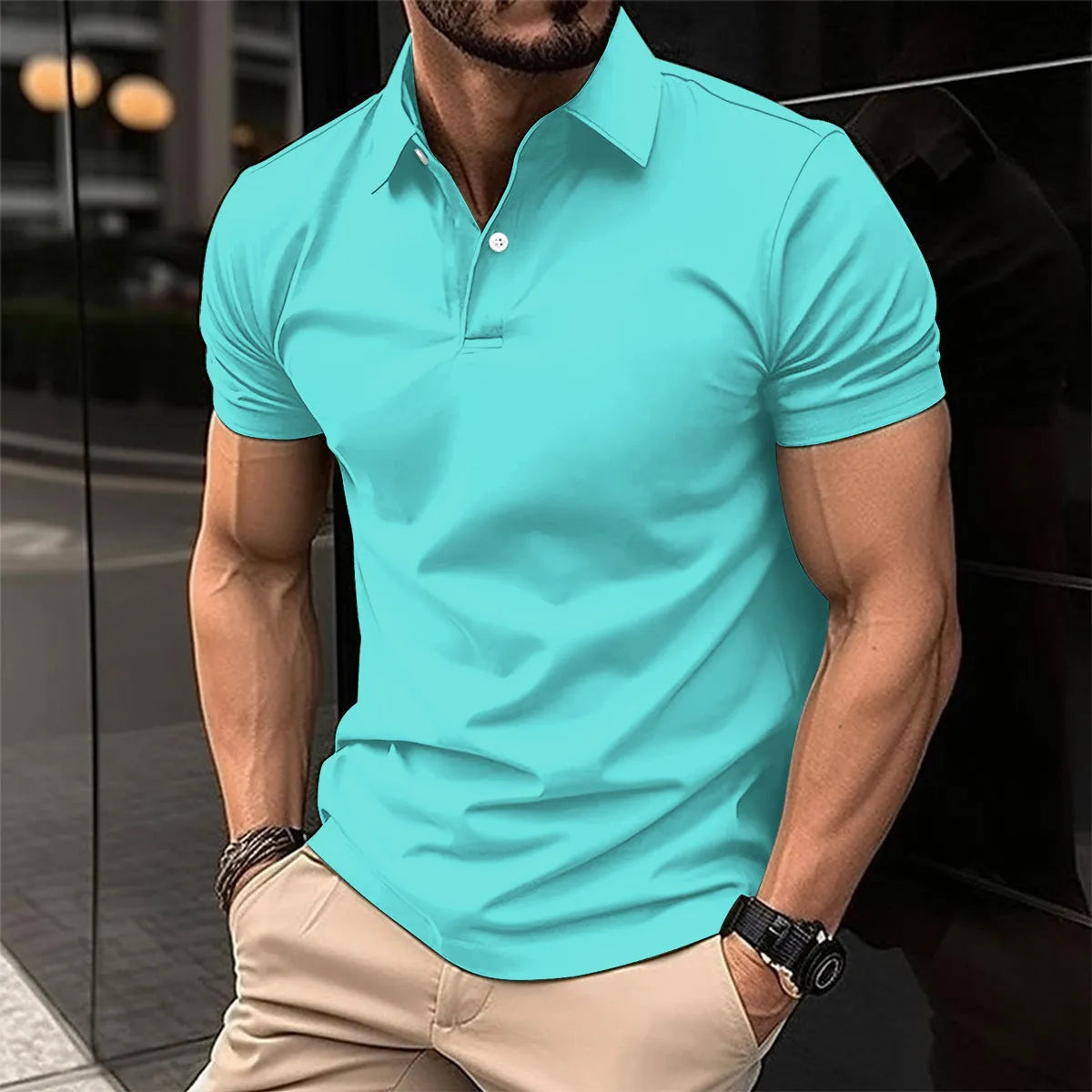 Men's solid colour cotton blend polo shirt with button lapel collar and short sleeves for summer