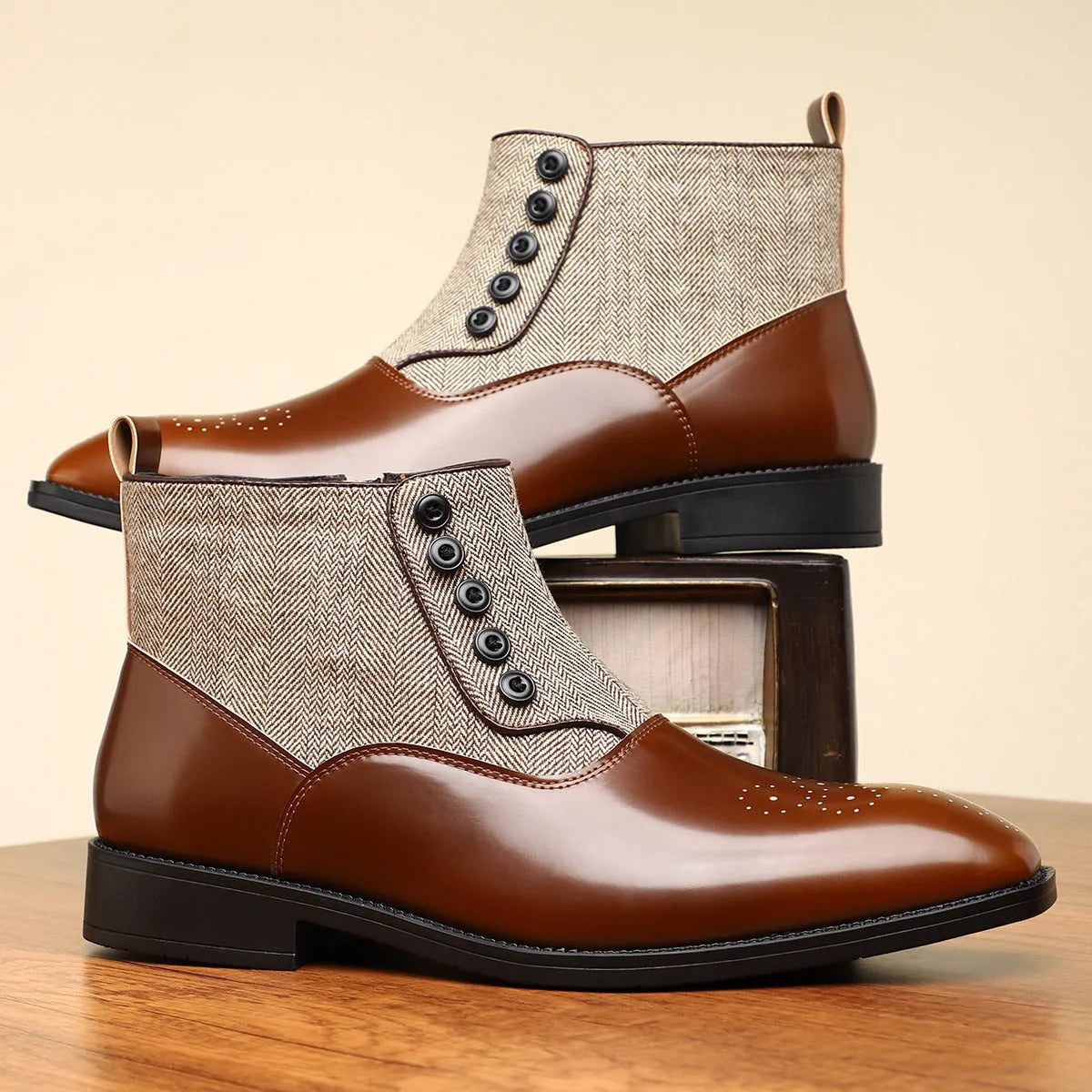 Men's brown retro formal shoes with side zip, square toe, and square low heel on a rubber sole.