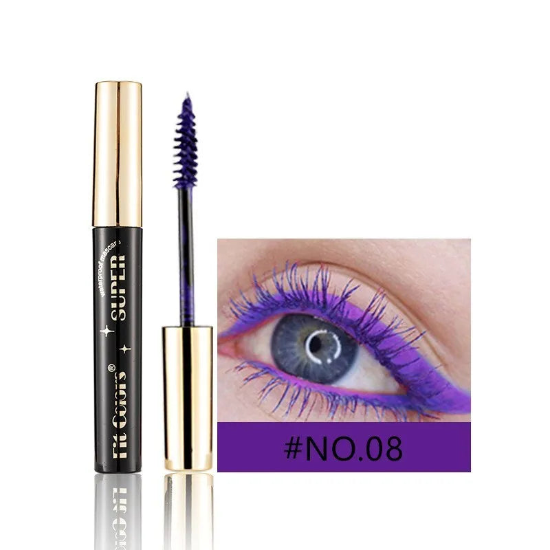 Colourful waterproof mascara tube displaying vibrant shades like wine red, gold, and mermaid green for stage and event makeup.