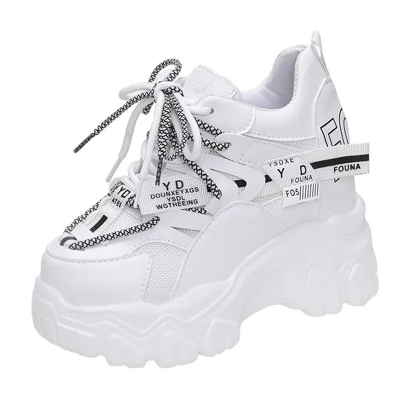 Women's white mesh platform sports shoes with cross-strap and rubber sole