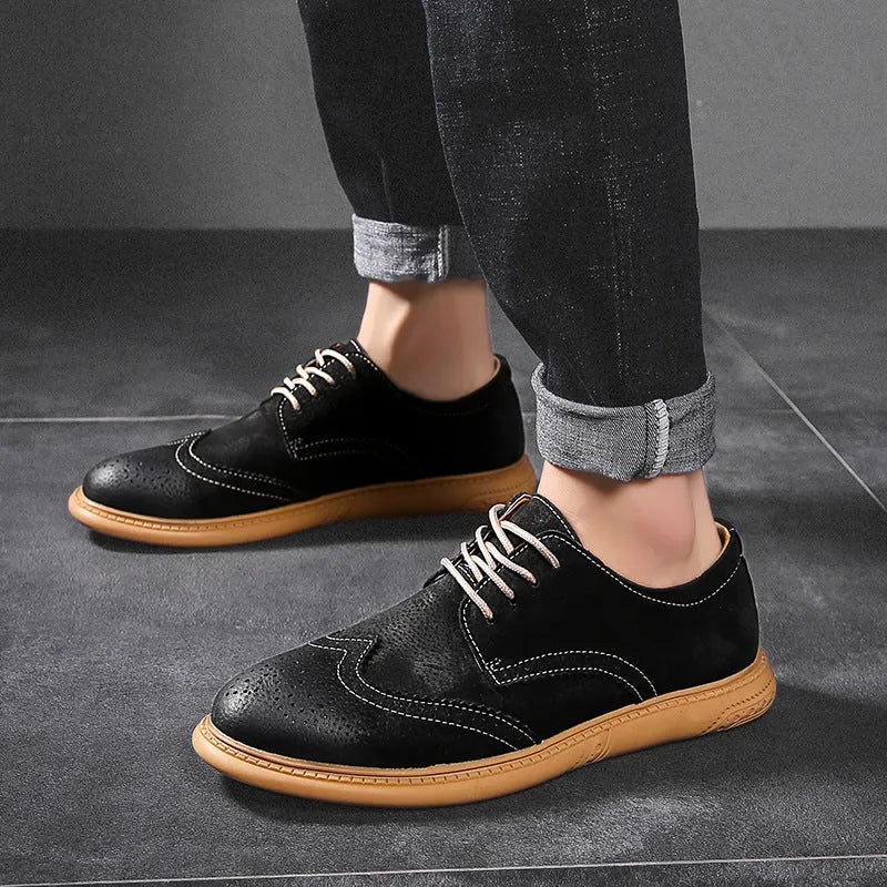 Men's grey leather business shoes with lace-up design and rubber sole