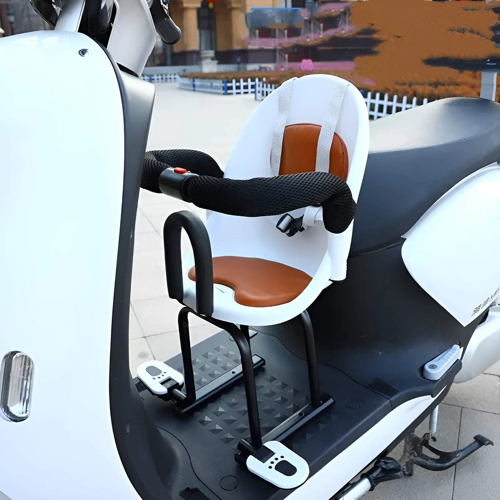 Front baby safety seat attachment for battery scooters with high carbon steel frame