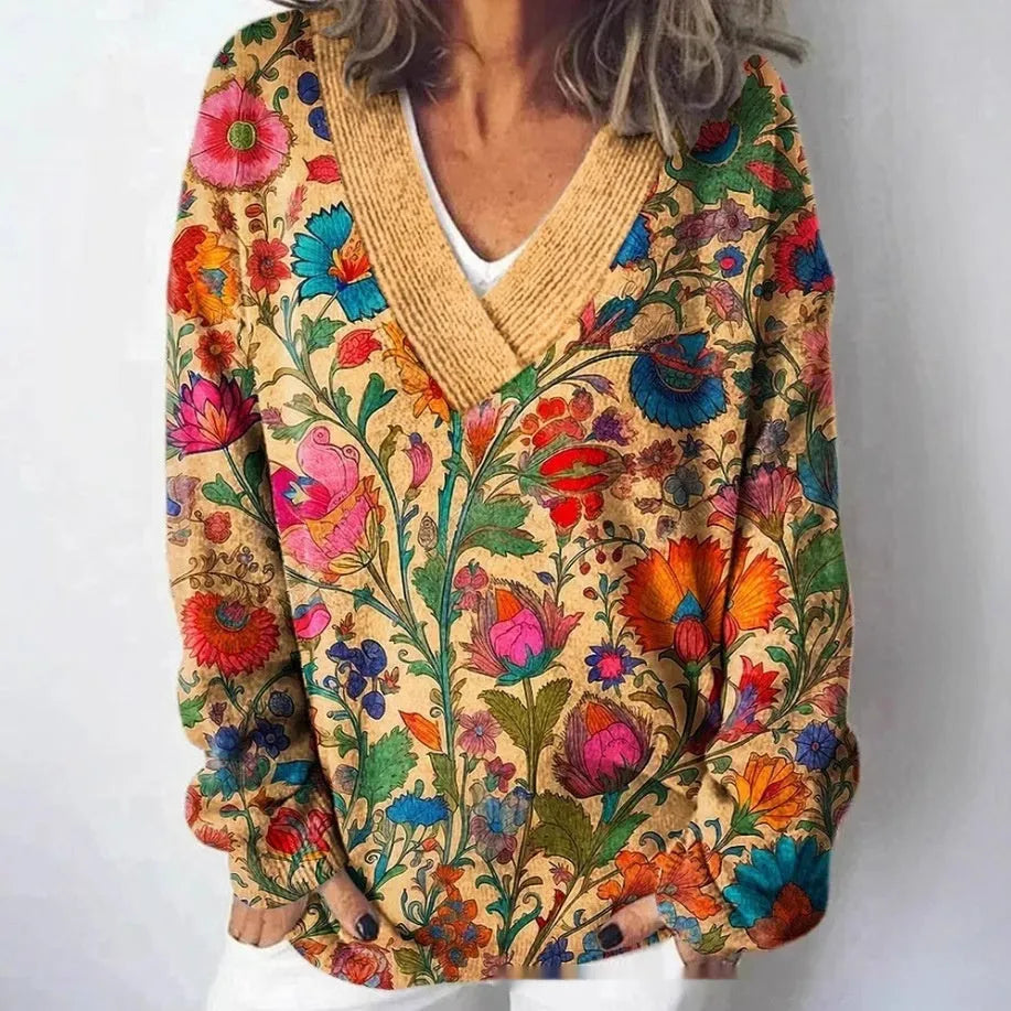 Women's V-neck sweatshirt with 3D floral pattern in art retro style