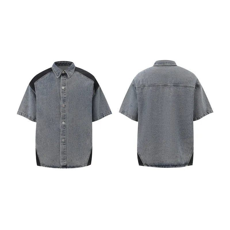 Retro washed denim short-sleeve jacket and full-length trousers suit in blue street style