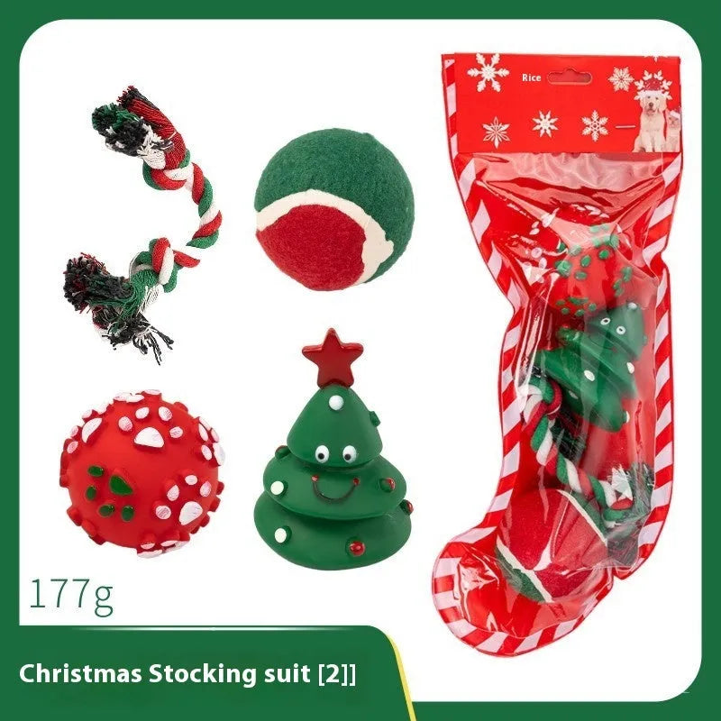 Christmas vinyl dog chew toys gift sets with festive designs including trees, Santa heads, and bite ropes