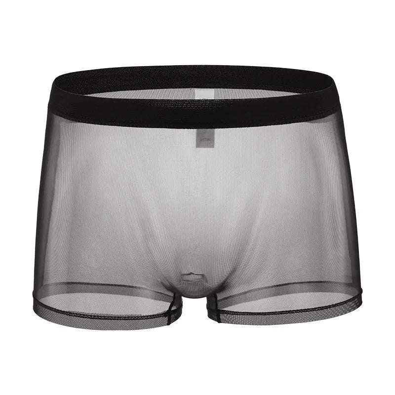 Men's mesh boxer briefs in black, white, green, blue, skin colour, or pink with low waist design
