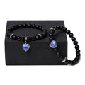Polished natural stone couple heart bracelets in obsidian, agate, tigereye, crystal, aventurine, topaz, opal colours.