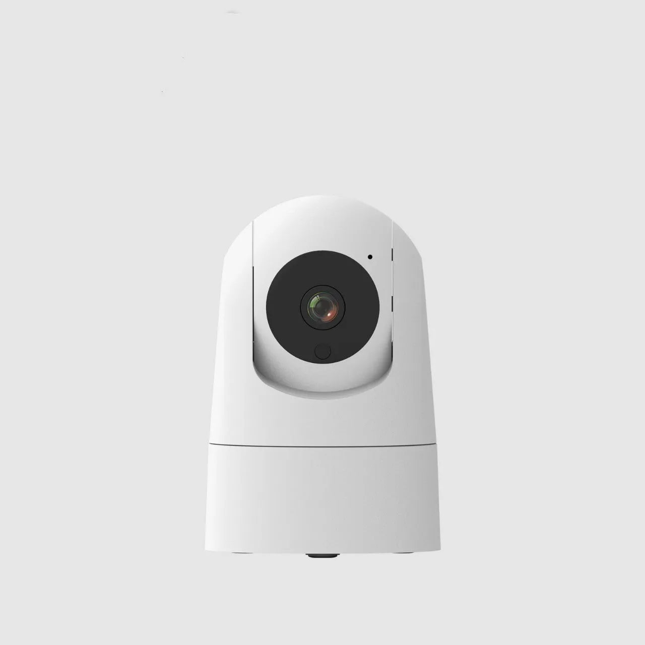 White indoor smart security camera with shake head mechanism and wide-angle lens on mounting base