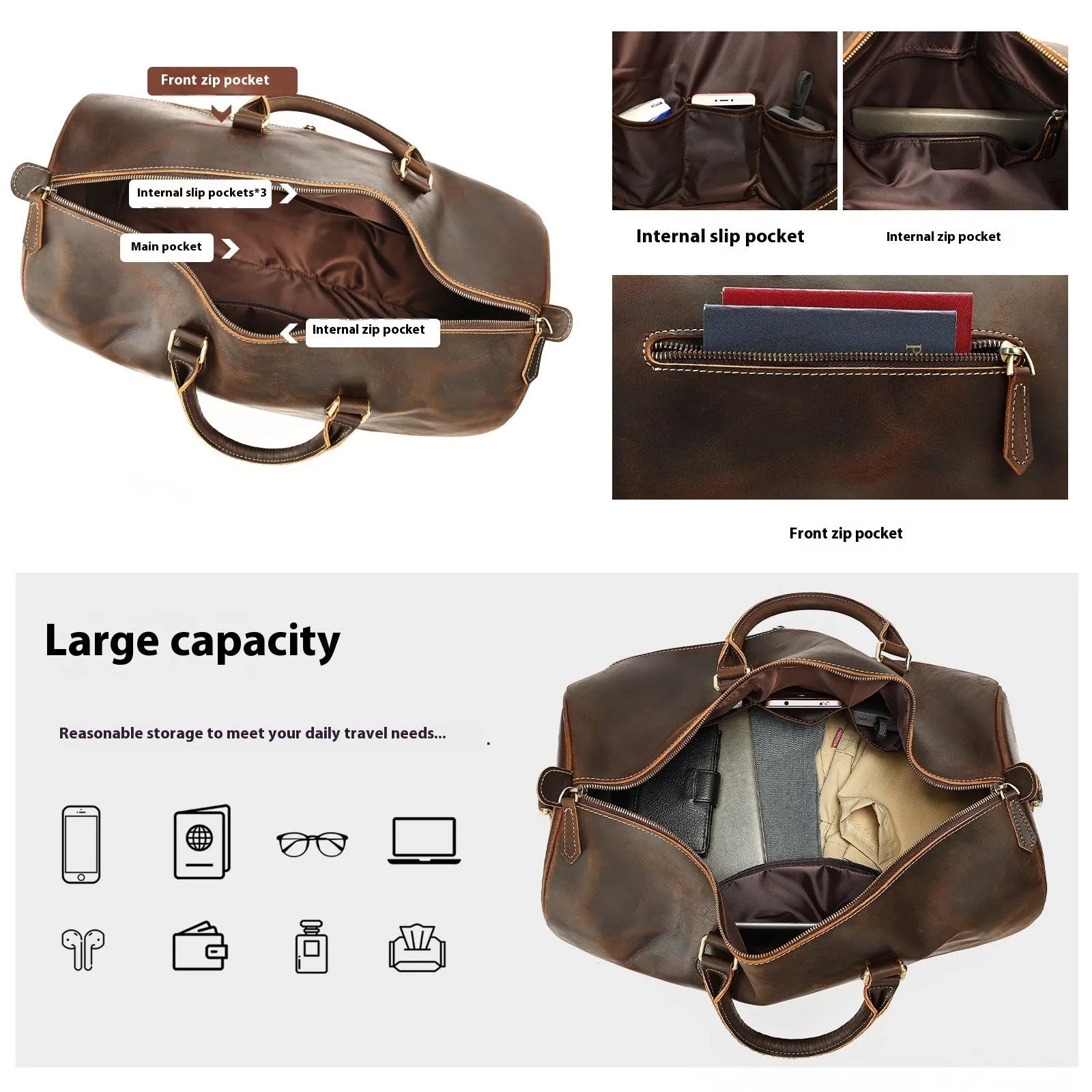 Large vintage brown leather crossbody bag for men with shoulder strap.