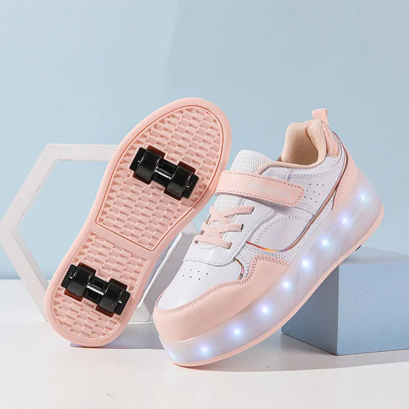 Kids' LED light-up roller skates with rechargeable wheels in pink, showing both two-wheel and four-wheel design options.