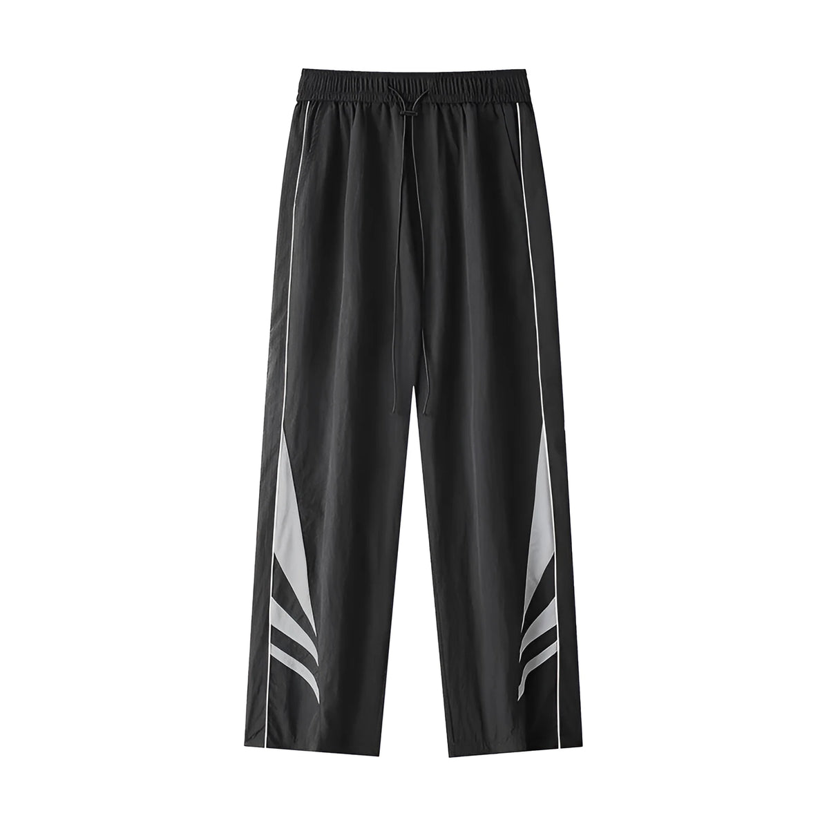 Men's straight-leg loose fit summer sports trousers in grey, showing button fly and elastic waistband.