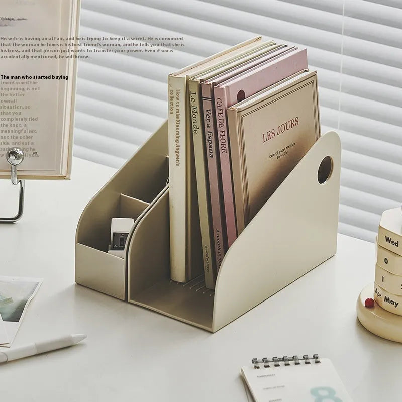 Plastic desktop storage box with two internal grid layers in milk coffee colour