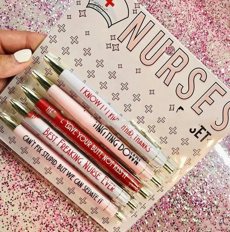 Set of five nurse-themed retractable ballpoint pens with medical text printed on plastic barrels