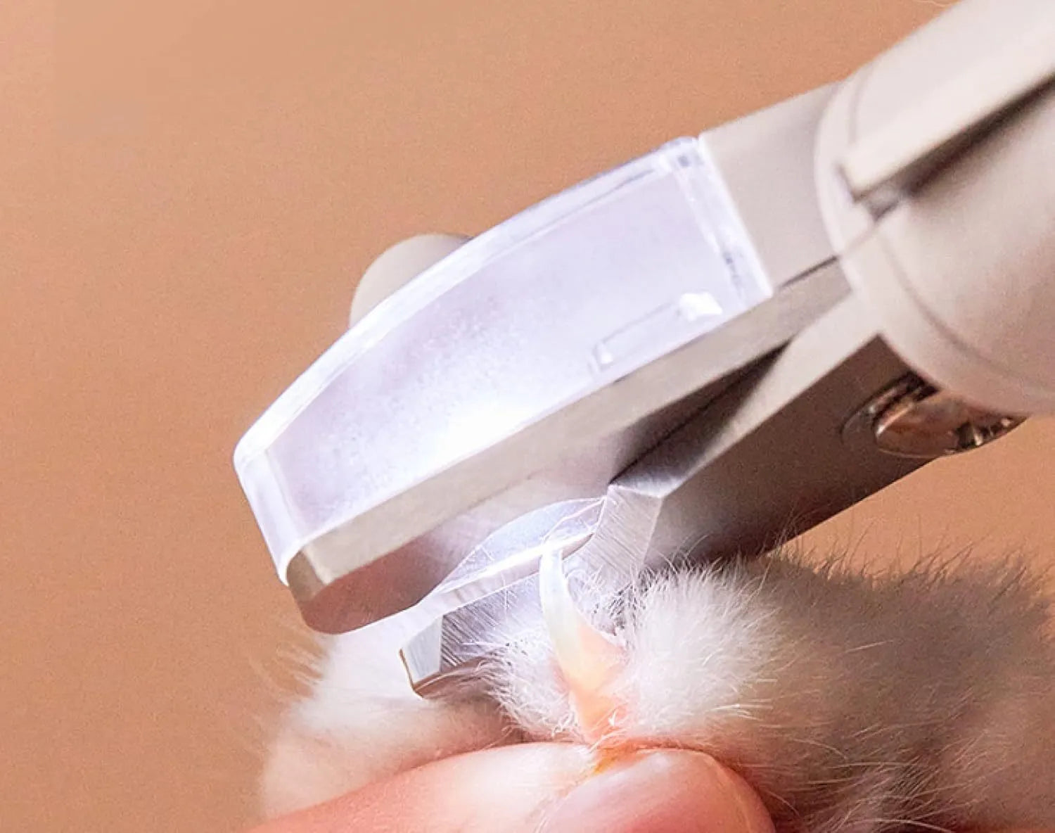 White pet nail clippers with LED light, anti-splash guard, and leather-like handle.