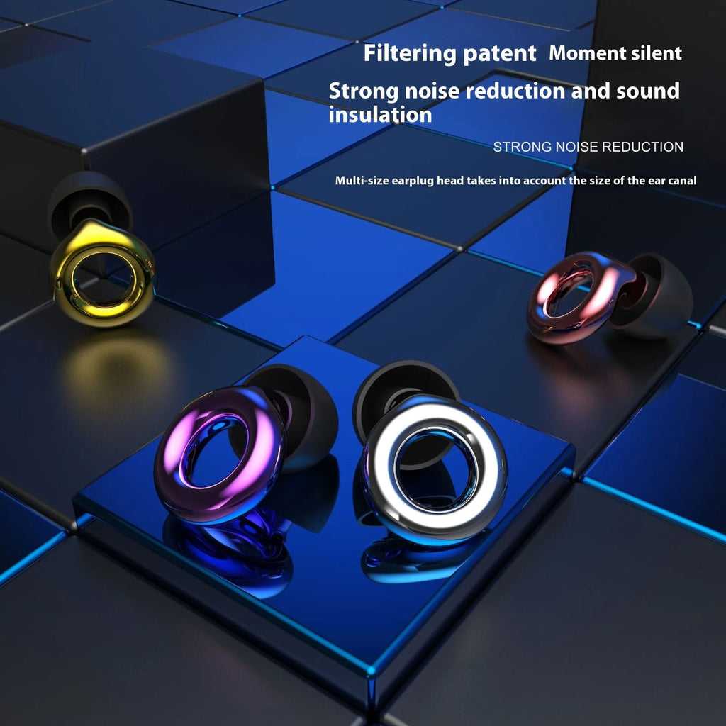 Noise reduction earplugs in gold, silver, transparent, purple, and rose gold colours with storage box