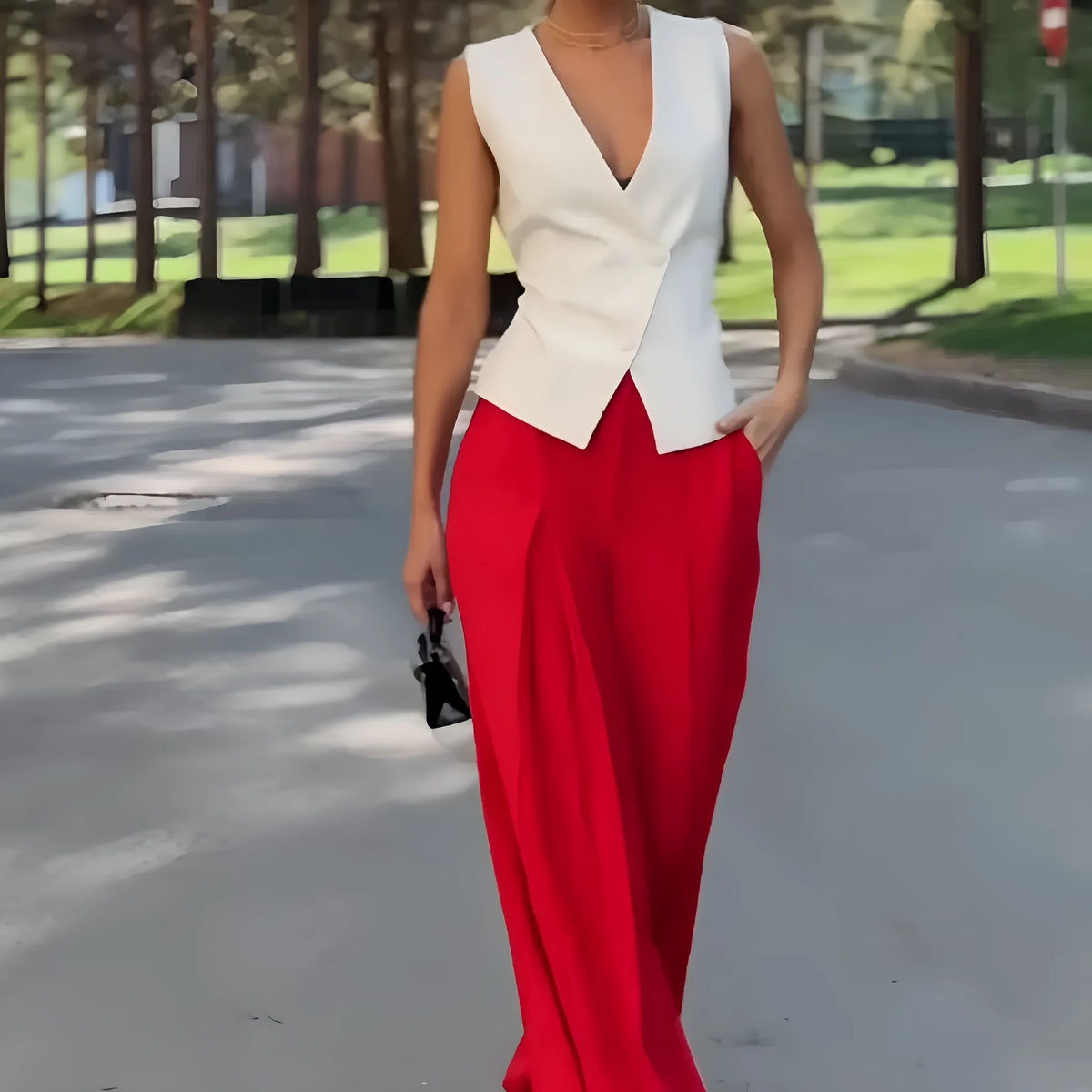Women's beige two-piece set with deep V-neck sleeveless top and high-waist wide-leg trousers.