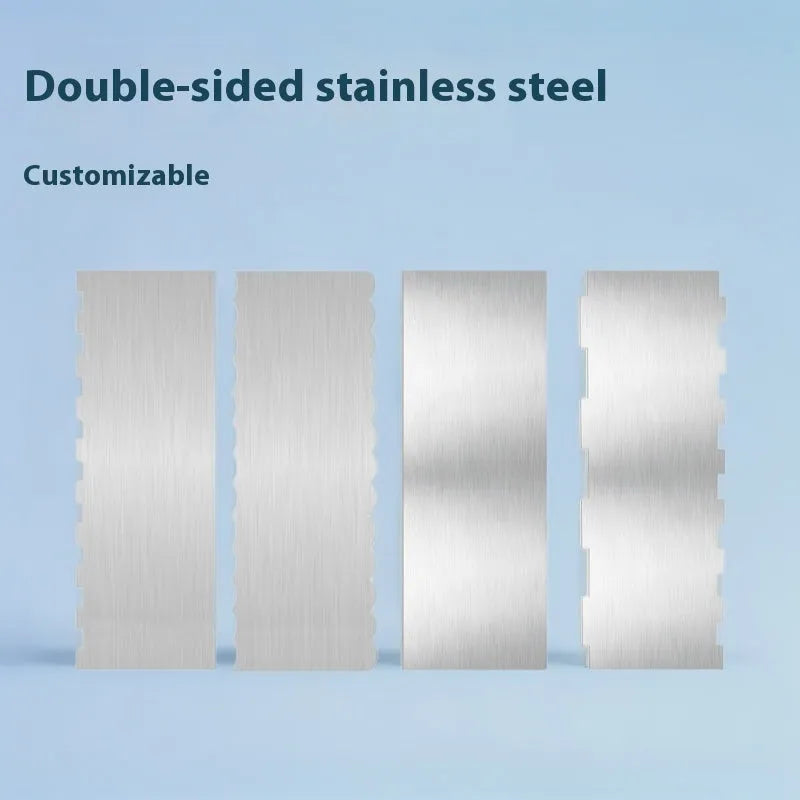 Stainless steel cake cream scraper tool with multiple polygon pattern edges for decorating.