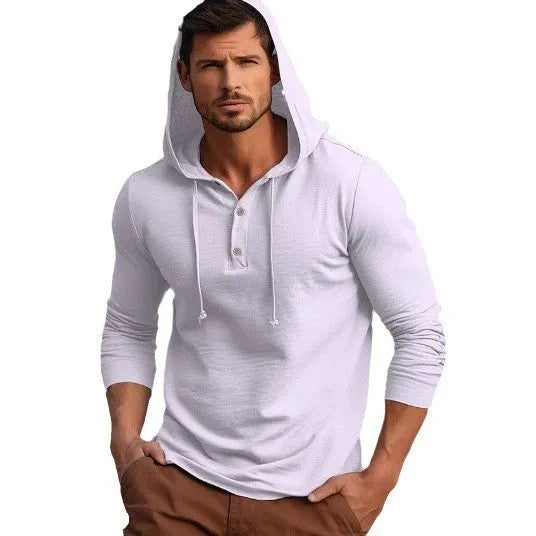 Cotton hoodie pullover in dark blue colour showing front view with long sleeves