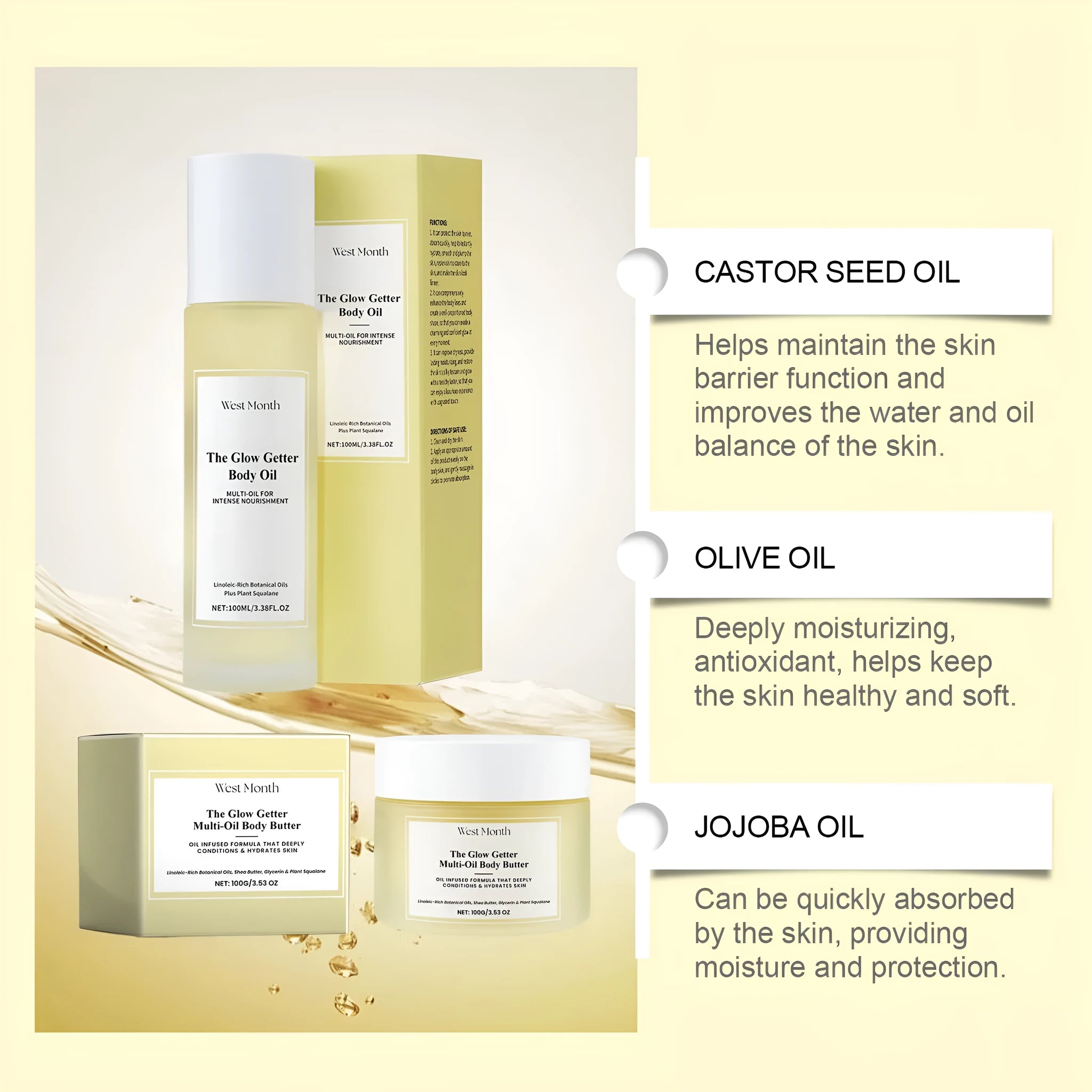 Nourishing and firming skin care kit with 100ml skincare oil and 100g moisturising cream set