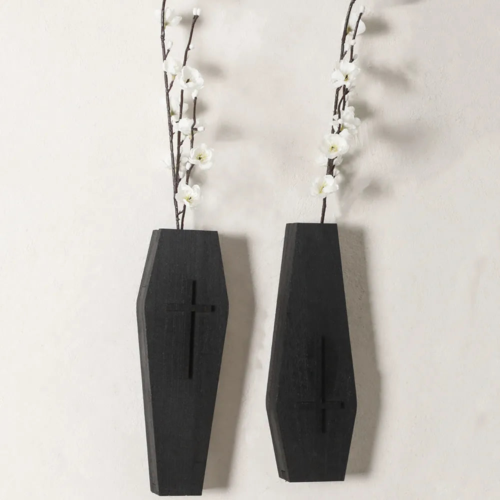 Black wooden cross wall vase shelf decoration measuring 27cm wide