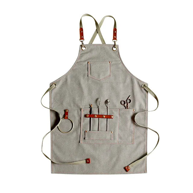 Canvas apron with cross straps in camel colour for baking and gardening work
