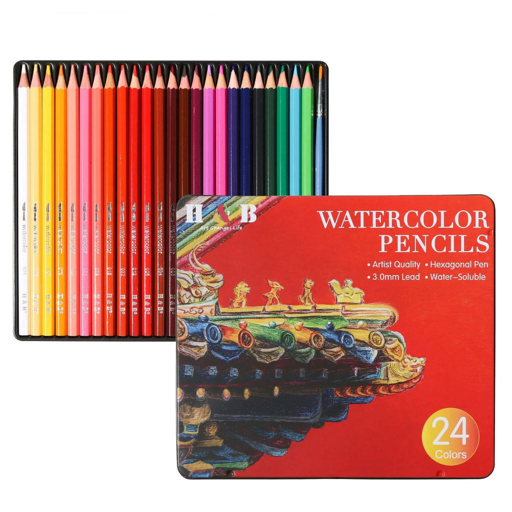 Box of 24 water soluble coloured pencils open inside a silver iron storage tin.