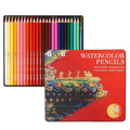 Box of 24 water soluble coloured pencils open inside a silver iron storage tin.