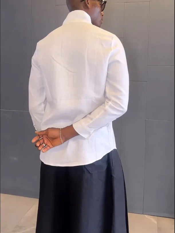 White asymmetric long sleeve shirt and black pleated trousers casual outfit set