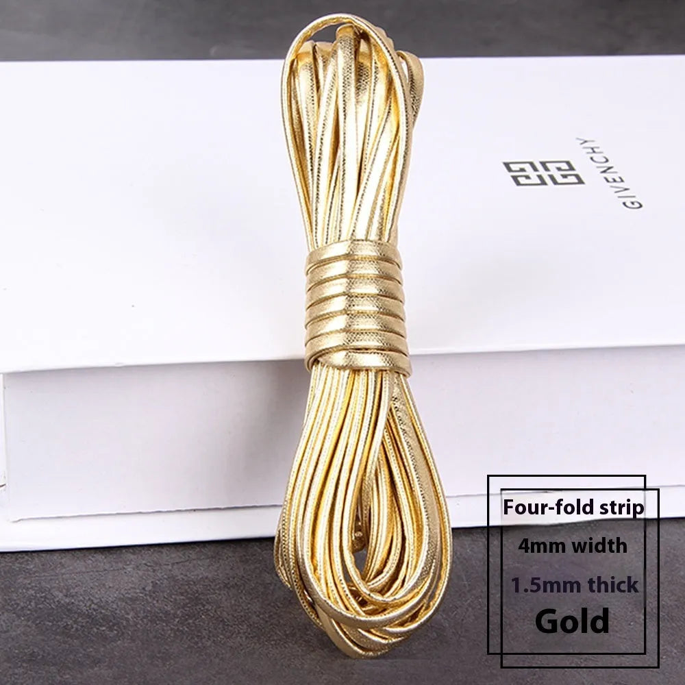 Coiled PU leather woven craft string in multiple colours including beige, black, red, blue, green, gold, and silver.