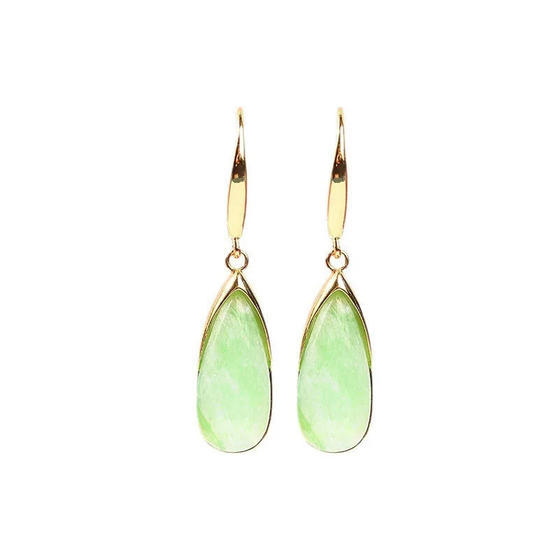 Retro geometric Chinese style earrings with water droplet design in electroplated jade colour.
