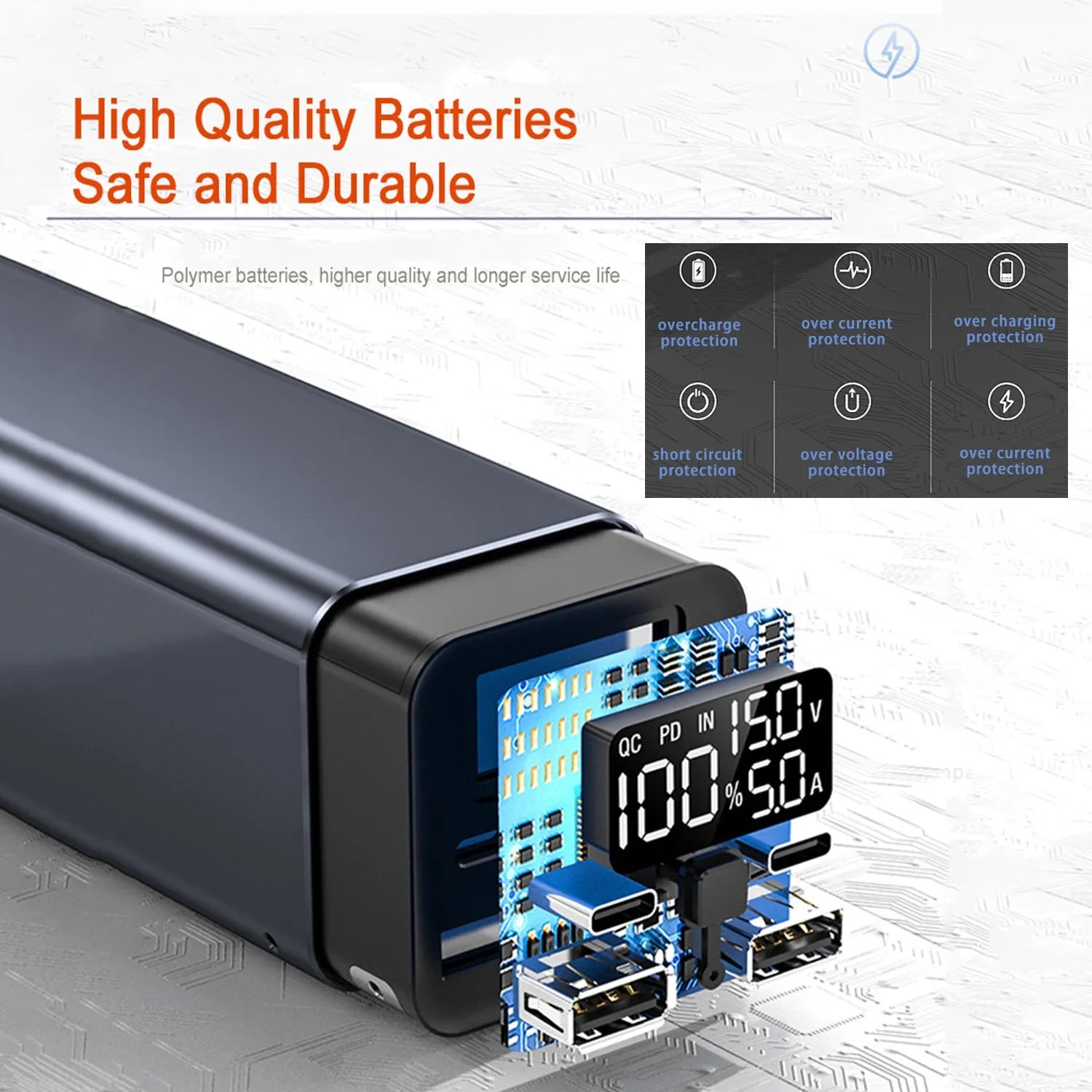 65W laptop charging bank with 20000mAh battery in metal casing showing black, blue and grey colour options