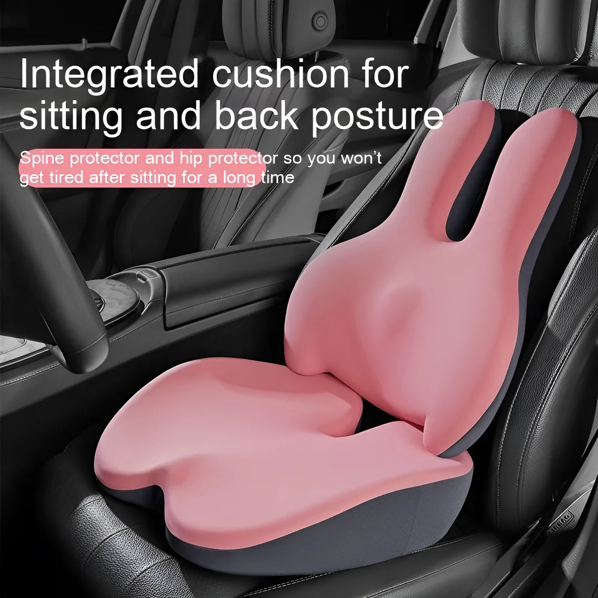Heightening car seat cushion and lumbar support set in ink black, synthetic fibre filling, flat style, for short drivers